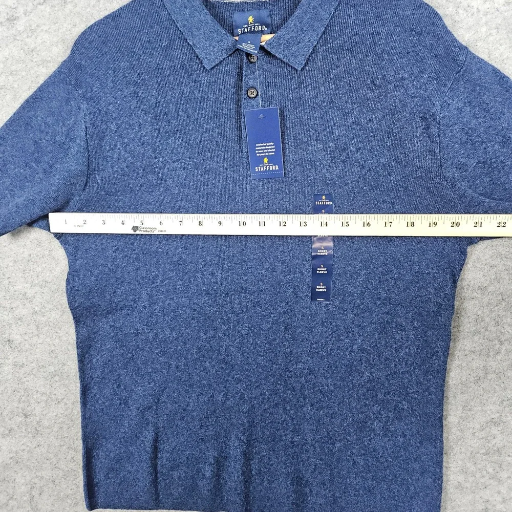 NEW Stafford Men's Navy Heather Textured Blue Polo Shirt Linen/Cotton Size S NWT
